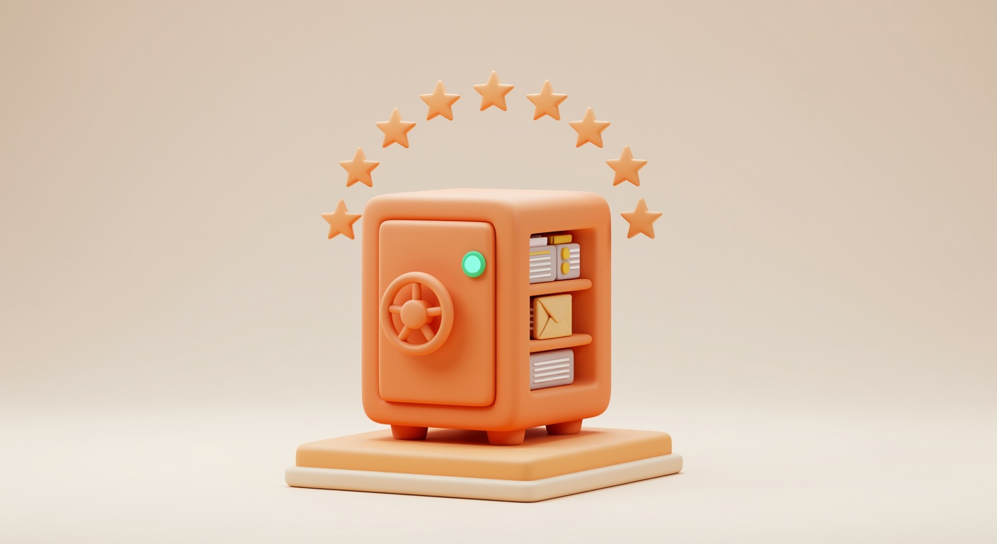 Ein warm-orangefarbener Tresor voller Dokumente, darüber ein Kranz aus zwölf Sternen — Sinnbild dafür, dass die Sicherung DSGVO-konform in einem Rechenzentrum in Europa liegt.
