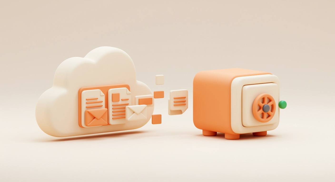 Eine warme orangefarbene Cloud links gibt eine saubere Kopie ihrer Dateien und E-Mails an einen getrennt stehenden, geschlossenen Tresor rechts weiter — Sinnbild für eine unabhängige, getrennte Sicherung der Microsoft-365-Daten.