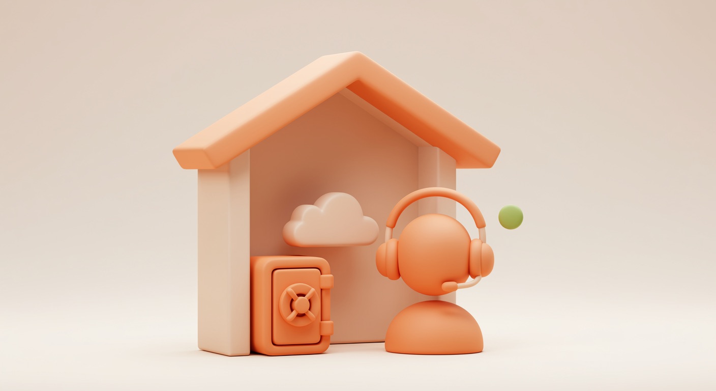 Unter einem gemeinsamen warmen Dach stehen ein orangefarbenes Schutzschild für die Geräte und ein geschlossener Tresor für Microsoft 365 nebeneinander, daneben ein freundliches Support-Headset mit grünem Status-Punkt — Sinnbild für arian Complete Plus: Schutz, Backup und betreuter Support aus einer Hand.