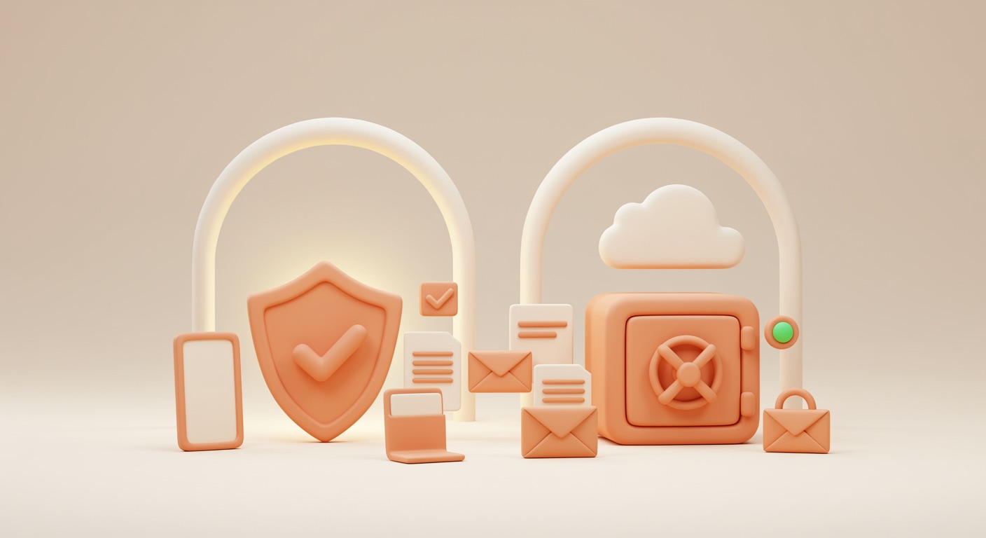 Unter einem gemeinsamen warmen Dach stehen ein orangefarbenes Schutzschild für die Geräte und ein geschlossener Tresor für Microsoft 365 mit grünem Status-Punkt nebeneinander — Sinnbild für arian Complete als zwei Schutz-Pakete aus einer Hand.