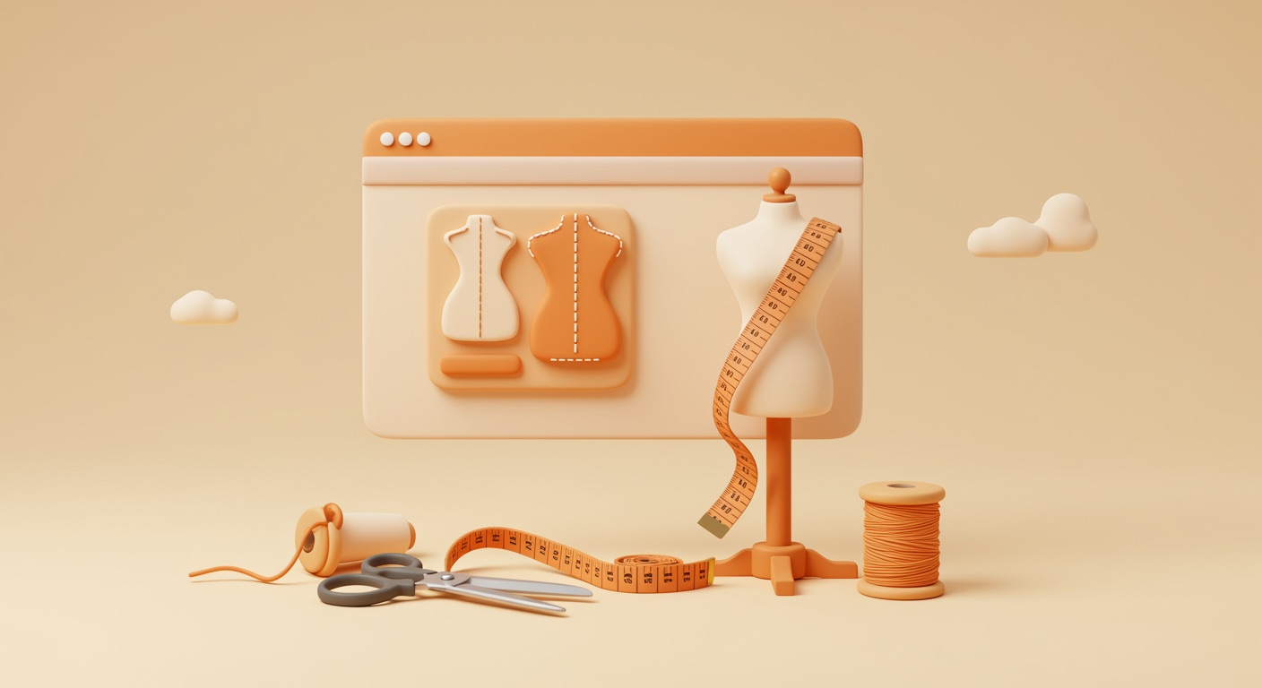 Eine Schneiderpuppe mit Maßband neben einem Bildschirm mit Code — Software nach Maß statt Konfektionsware, in warmen Farben illustriert.