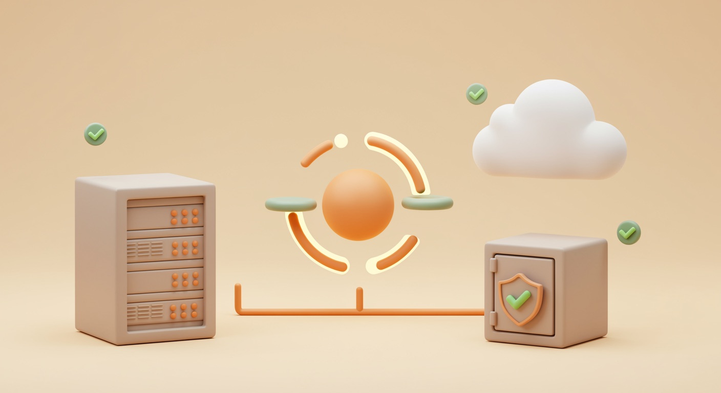Server und Cloud-Speicher, verbunden durch einen geprüften Backup-Datenfluss mit grünem Haken — Serverbetreuung und Backup-Betrieb durch arian.