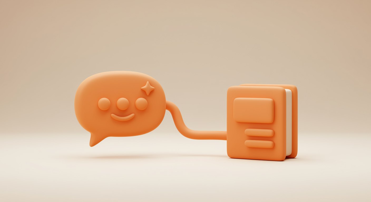 Clay-Illustration: eine freundliche Sprechblase mit Funken, verbunden mit einem Wissensbuch — ein KI-Chatbot, gegroundet im Firmenwissen.