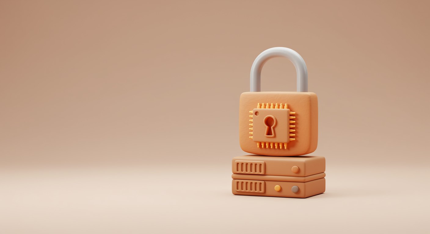 Clay-Illustration: ein Vorhängeschloss mit KI-Chip auf einem Server — lokale, datenschutzkonforme KI im eigenen Haus.