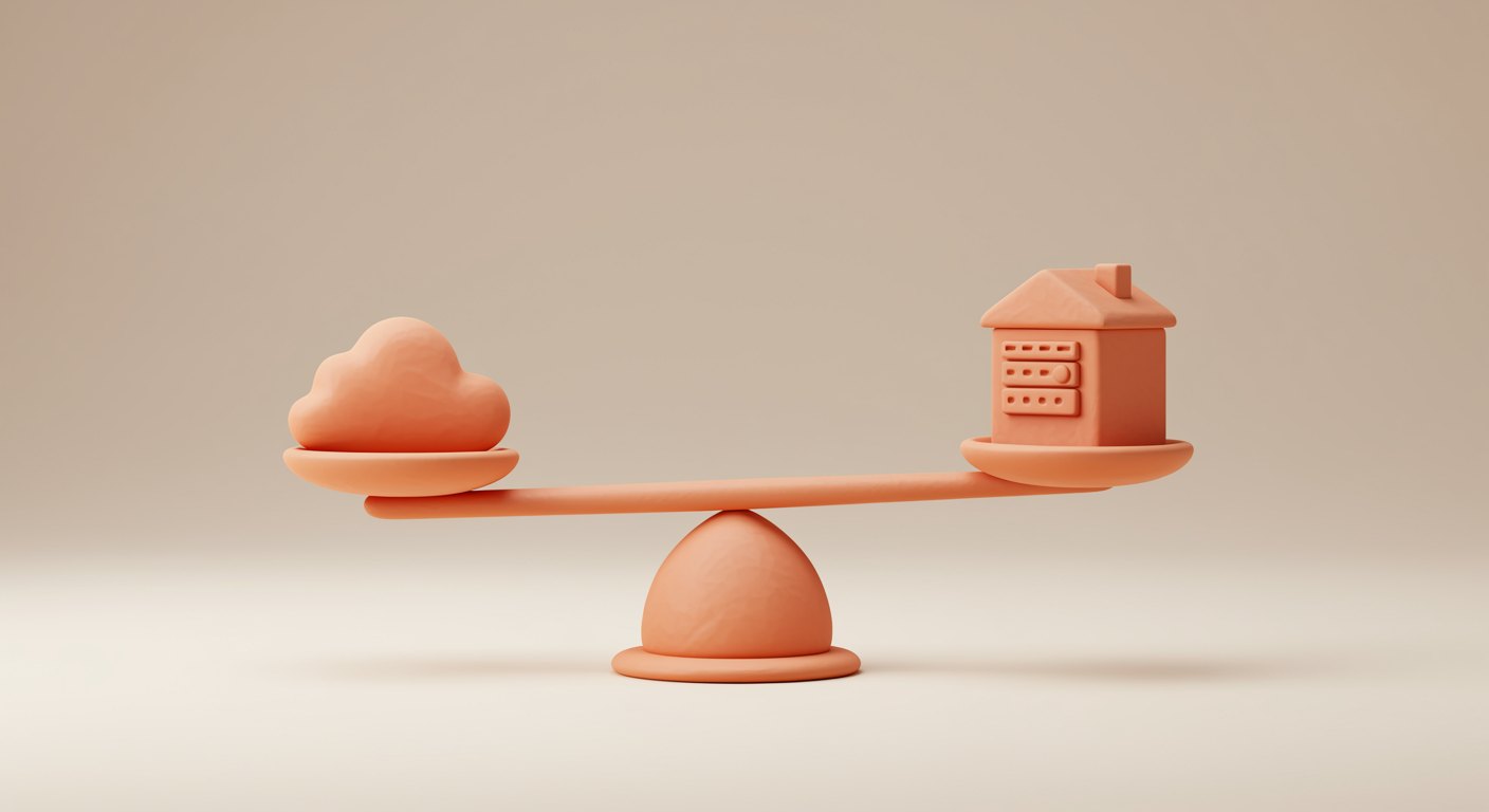 Clay-Illustration: eine Waage wiegt eine Cloud gegen einen Haus-Server — die zwei Wege zu datenschutzkonformer KI.