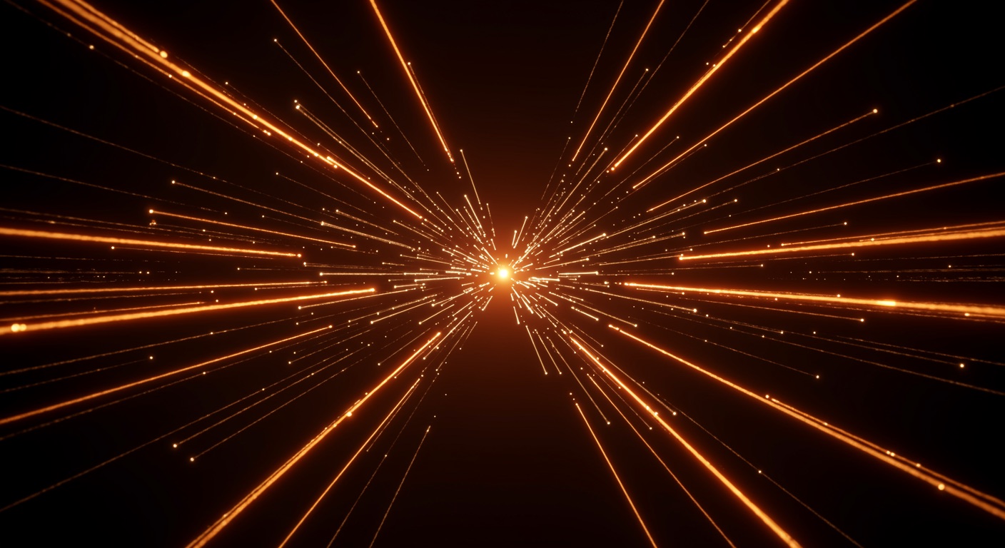 Viele orange Datenströme laufen aus allen Richtungen in einem zentralen Knotenpunkt zusammen — Sinnbild für Systeme, die an einem Ort zusammenlaufen.