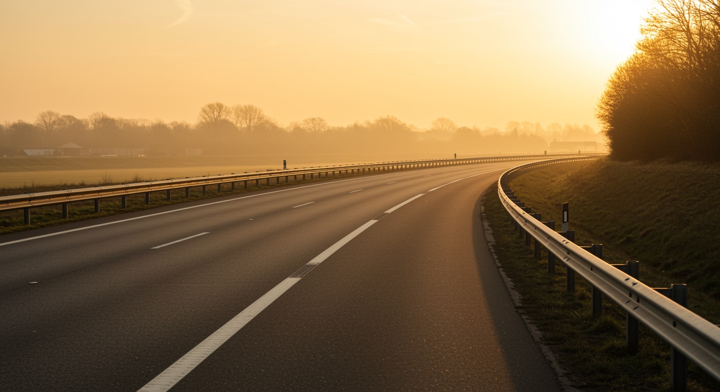 Leere Autobahn im warmen Abendlicht, Leitplanke entlang der Fahrbahn — Sinnbild für KI mit Leitplanken, die in der Spur hält.