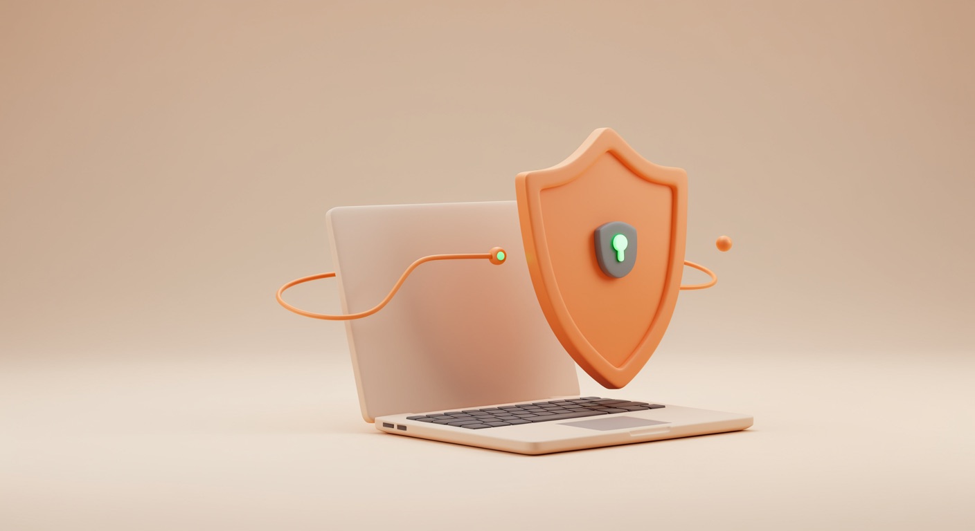 Ein Laptop, sanft umhüllt von einem orangefarbenen Schutzschild mit grünem Status-Punkt — Sinnbild für arian Protect als betreute Sicherheitssoftware auf jedem Gerät.