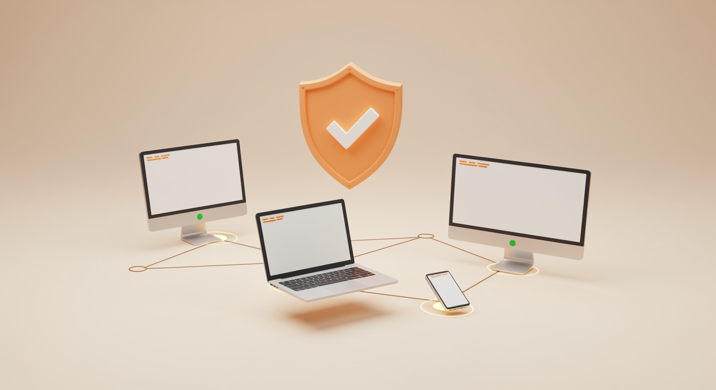 Mehrere Geräte — zwei Monitore, ein Laptop und ein Smartphone — sind über ein orangefarbenes Schutzschild verbunden und werden von arian Protect als ein gemeinsames Netz geschützt.