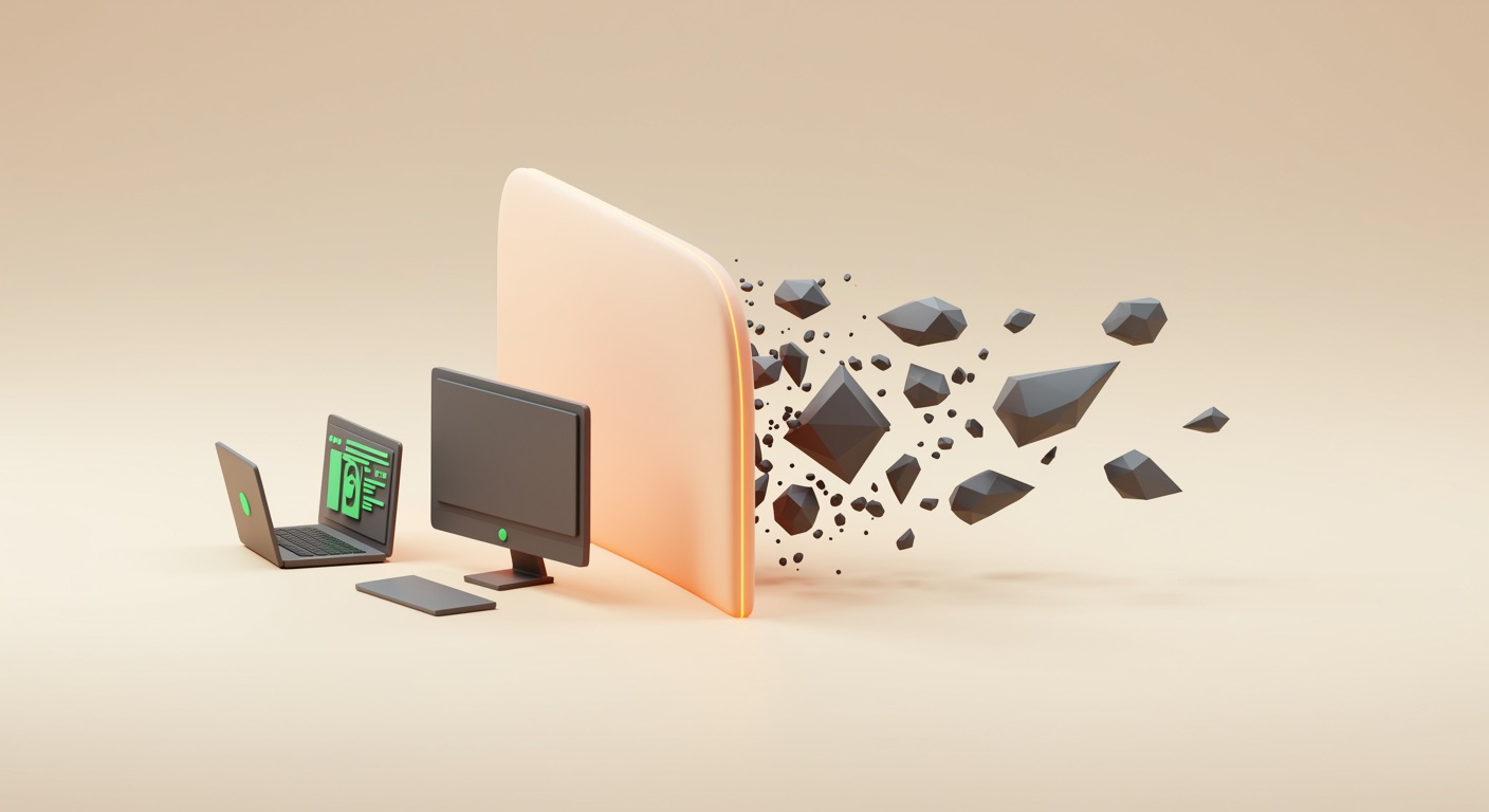 Ein digitaler Angriff aus dunklen Scherben prallt an einer warmen orangefarbenen Schutzschicht ab und zerfällt, während die Geräte links unberührt und geschützt bleiben.