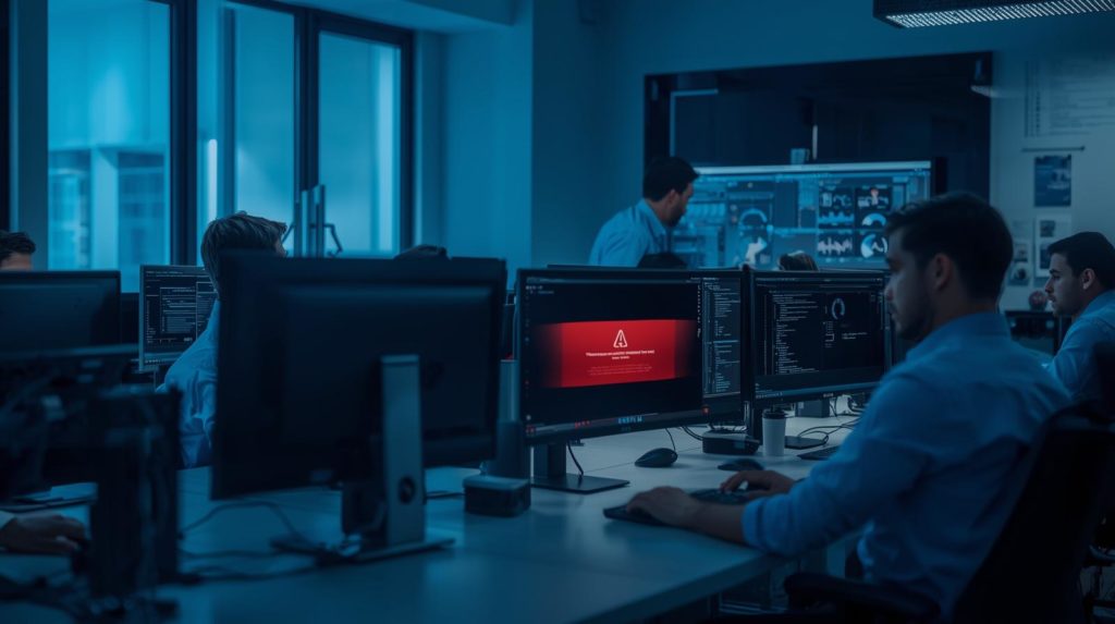 Büroszene mit ausgefallenem Computer als Symbol für IT Ausfall im Unternehmen