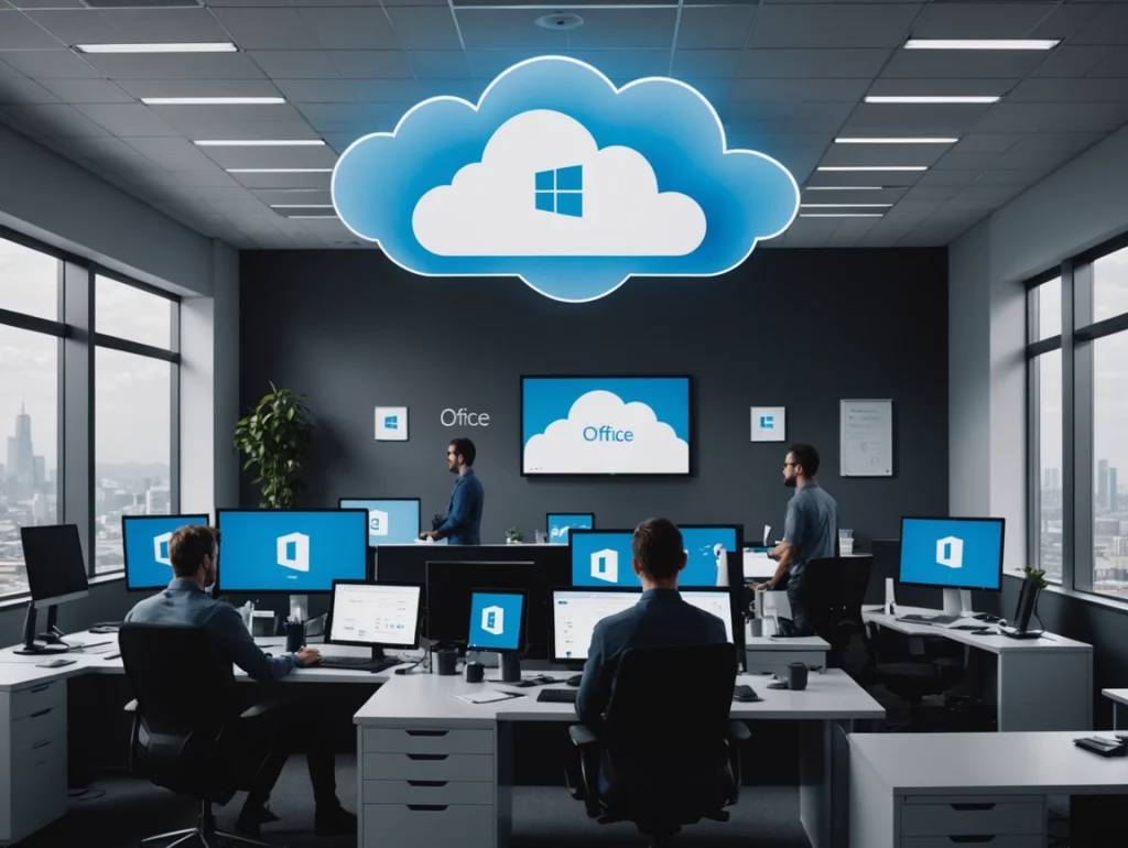 Illustration eines Laptops mit Cloud Symbol und Schloss als Symbol für Microsoft 365 Sicherheit in Unternehmen.
